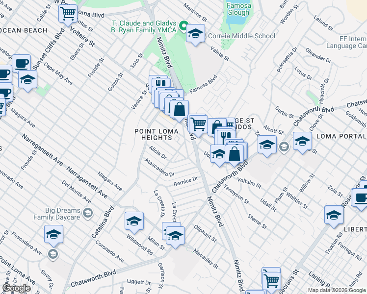 map of restaurants, bars, coffee shops, grocery stores, and more near 2124 Wabaska Court in San Diego