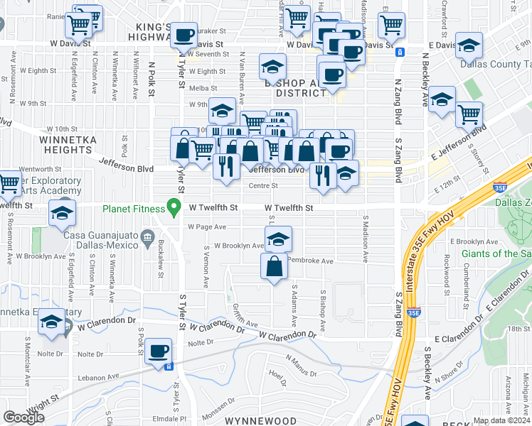 map of restaurants, bars, coffee shops, grocery stores, and more near 605 West Page Avenue in Dallas