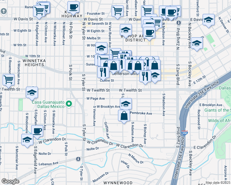 map of restaurants, bars, coffee shops, grocery stores, and more near 605 West Page Avenue in Dallas