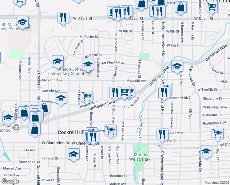 map of restaurants, bars, coffee shops, grocery stores, and more near 3715 West Jefferson Boulevard in Dallas