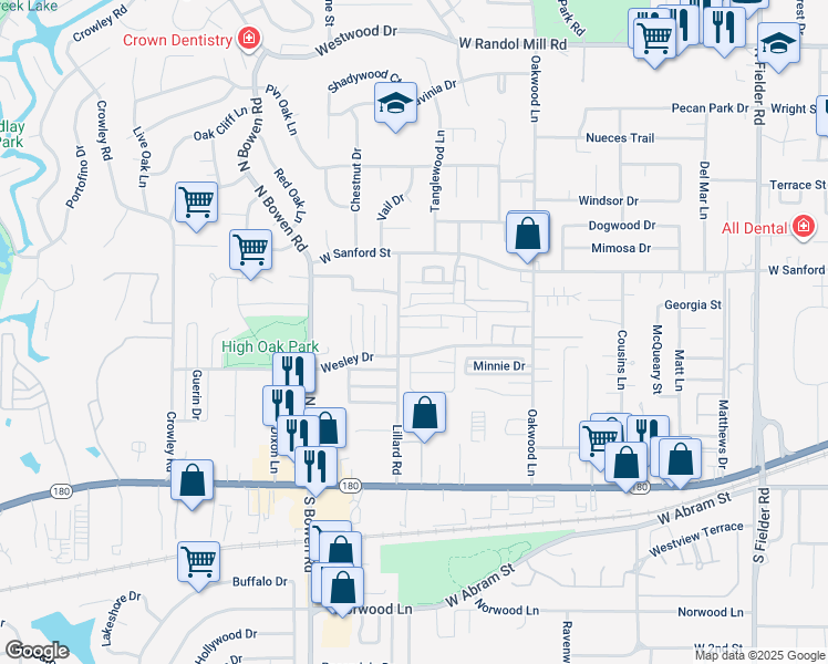 map of restaurants, bars, coffee shops, grocery stores, and more near 2119 Wesley Drive in Arlington