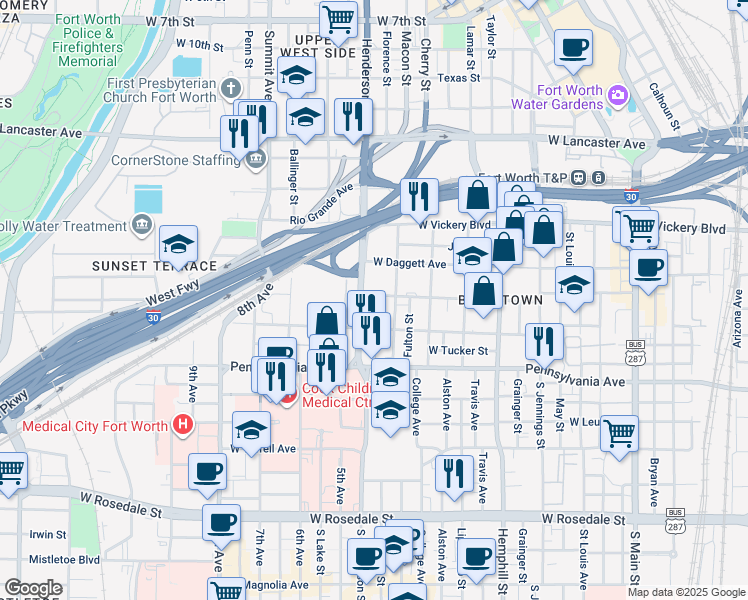 map of restaurants, bars, coffee shops, grocery stores, and more near 424 South Adams Street in Fort Worth