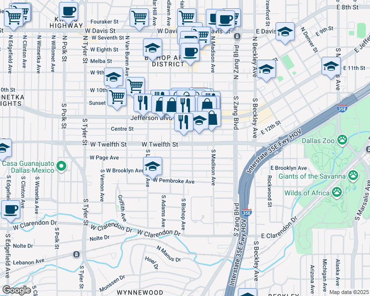 map of restaurants, bars, coffee shops, grocery stores, and more near 425 West Page Avenue in Dallas