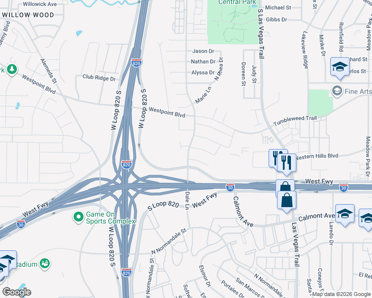 map of restaurants, bars, coffee shops, grocery stores, and more near 1704 Dale Lane in White Settlement