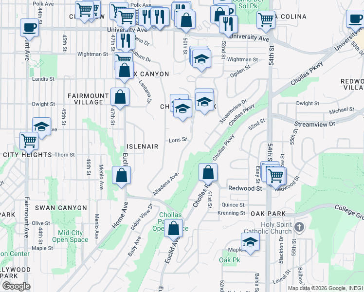 map of restaurants, bars, coffee shops, grocery stores, and more near 3311 Altadena Avenue in San Diego