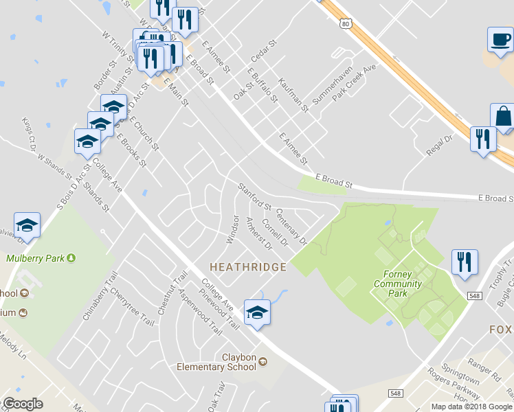 map of restaurants, bars, coffee shops, grocery stores, and more near 219 Stanford Street in Forney