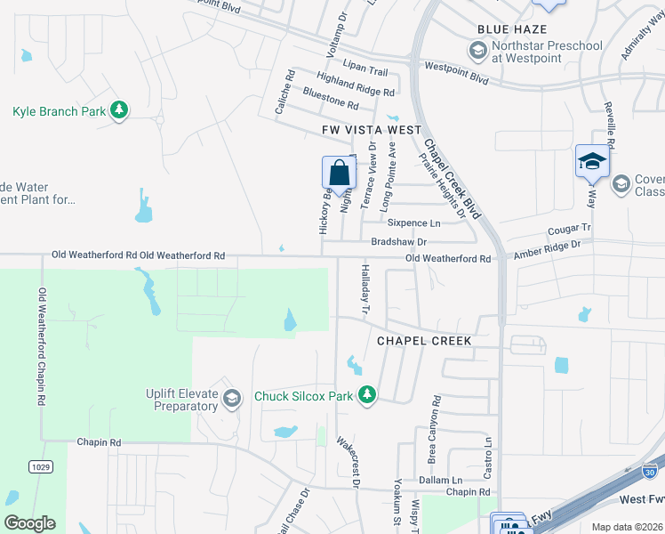 map of restaurants, bars, coffee shops, grocery stores, and more near 2220 Wakecrest Drive in Fort Worth