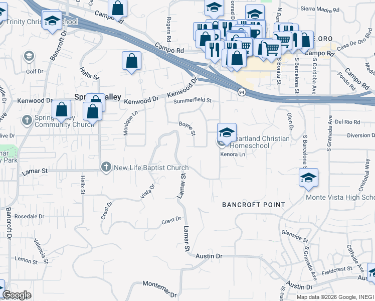 map of restaurants, bars, coffee shops, grocery stores, and more near 9516 Upland Street in Spring Valley