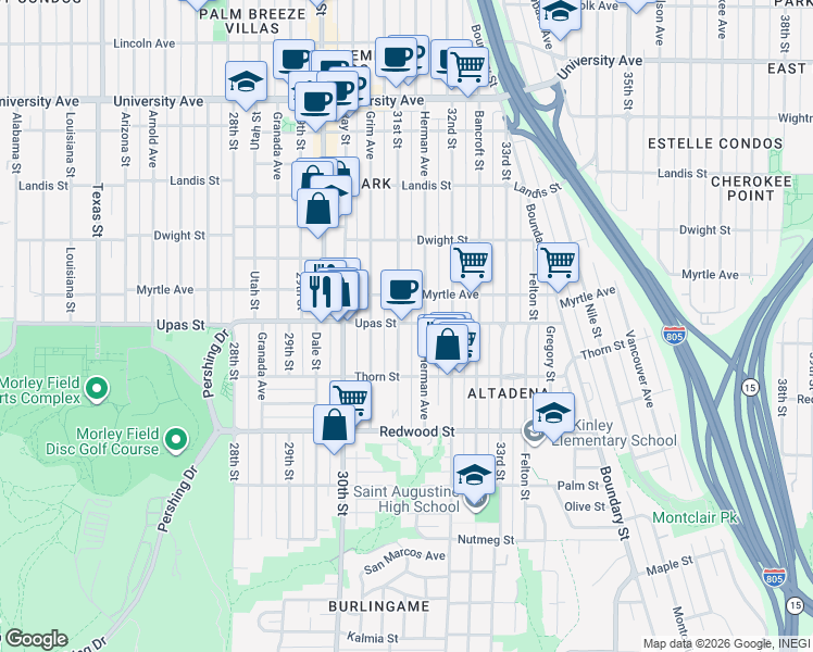 map of restaurants, bars, coffee shops, grocery stores, and more near in San Diego