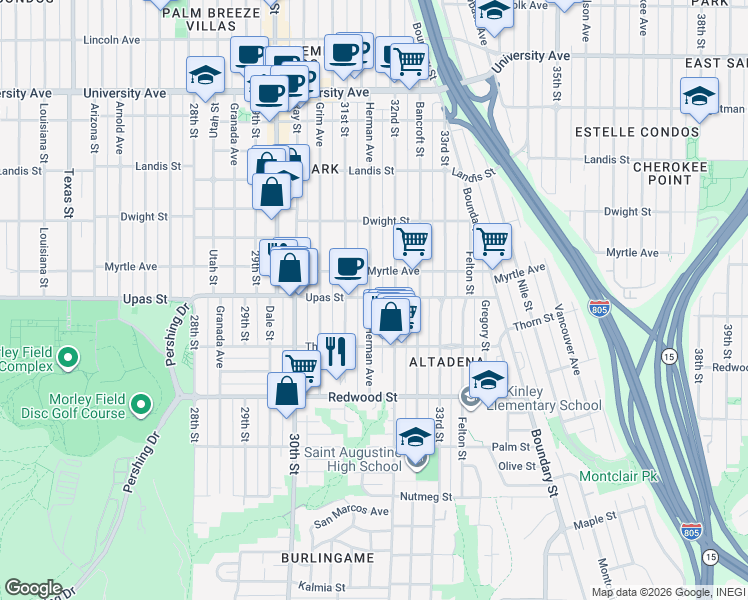 map of restaurants, bars, coffee shops, grocery stores, and more near 3393 Herman Avenue in San Diego