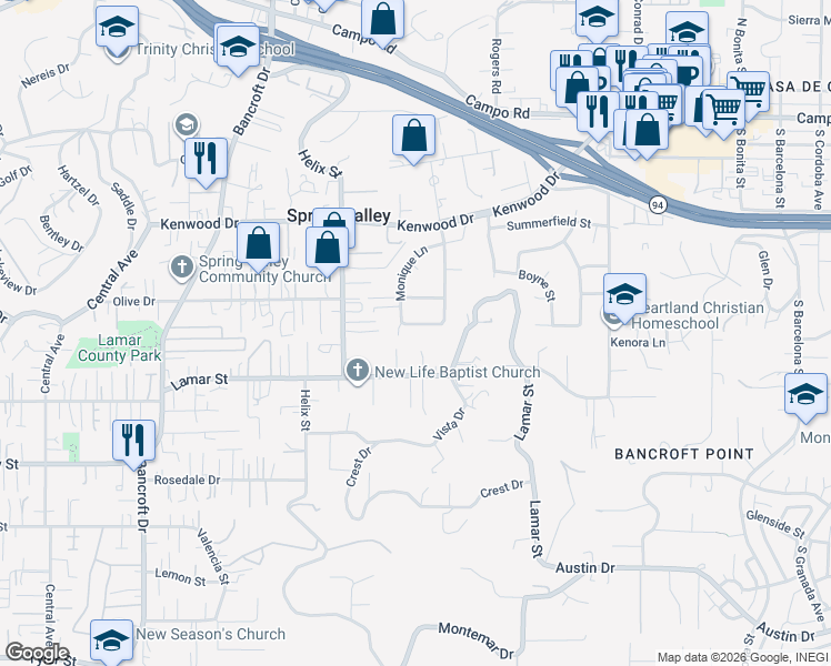 map of restaurants, bars, coffee shops, grocery stores, and more near 9356 Lamar Street in Spring Valley