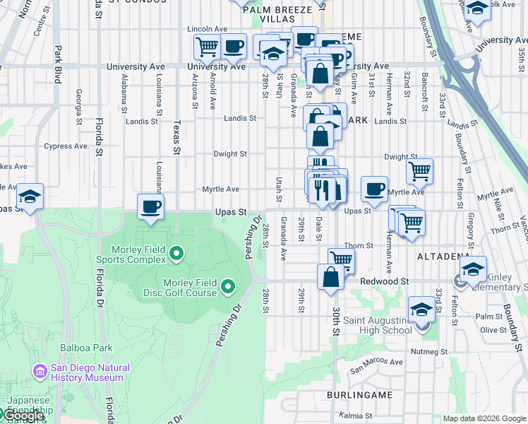 map of restaurants, bars, coffee shops, grocery stores, and more near Upas St & Pershing Dr in San Diego
