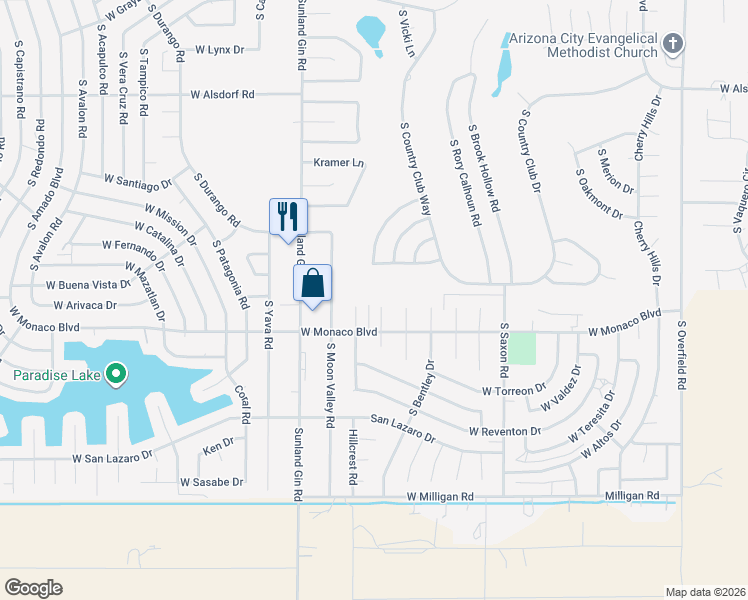 map of restaurants, bars, coffee shops, grocery stores, and more near 15331 South Kline Place in Arizona City