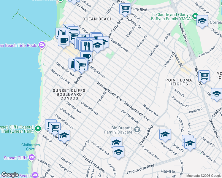 map of restaurants, bars, coffee shops, grocery stores, and more near 4578 Narragansett Avenue in San Diego