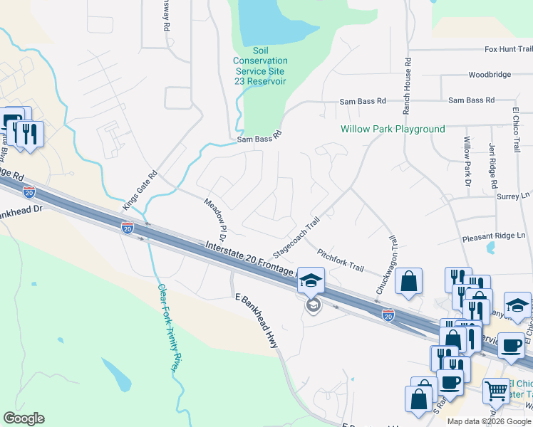 map of restaurants, bars, coffee shops, grocery stores, and more near 116 Pony Express Trail in Willow Park