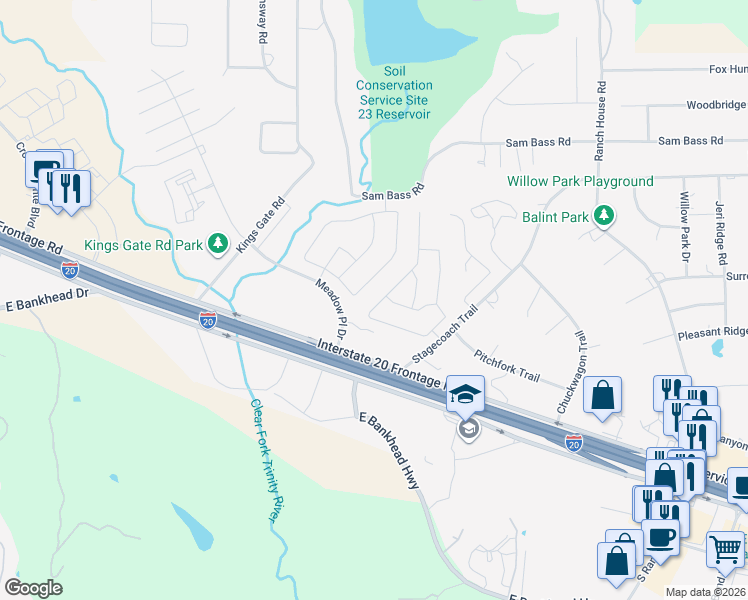 map of restaurants, bars, coffee shops, grocery stores, and more near 139 Overland Trail in Willow Park