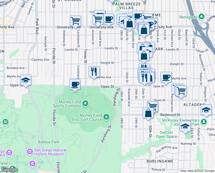 map of restaurants, bars, coffee shops, grocery stores, and more near Upas Street & Villa Terrace in San Diego