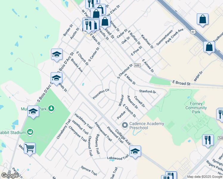 map of restaurants, bars, coffee shops, grocery stores, and more near 215 South Chestnut Street in Forney