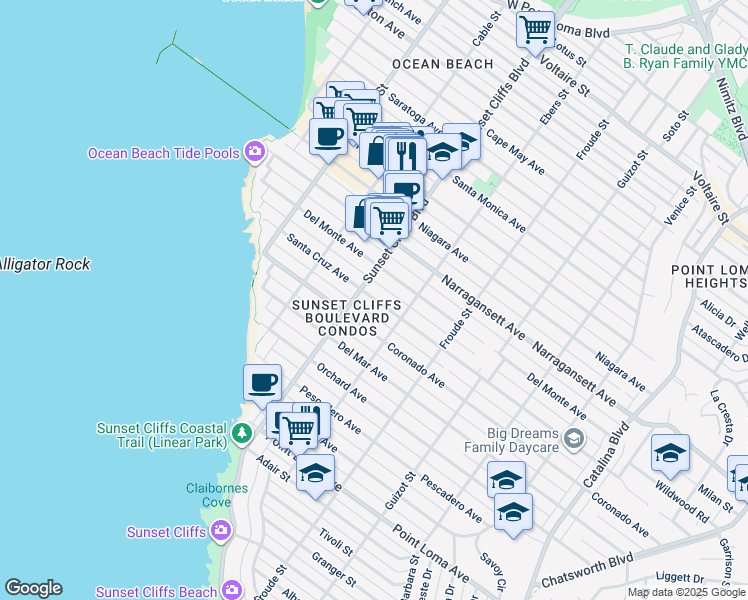 map of restaurants, bars, coffee shops, grocery stores, and more near in San Diego
