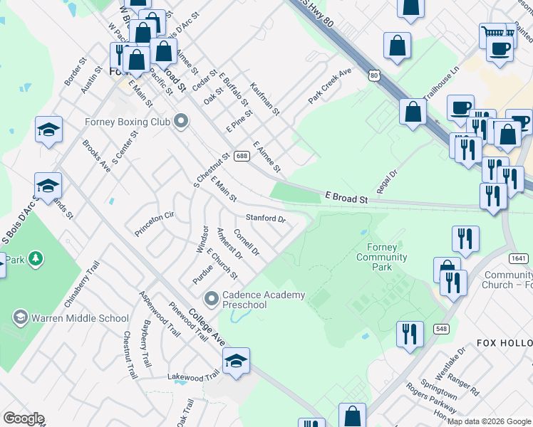 map of restaurants, bars, coffee shops, grocery stores, and more near 312 Stanford Street in Forney