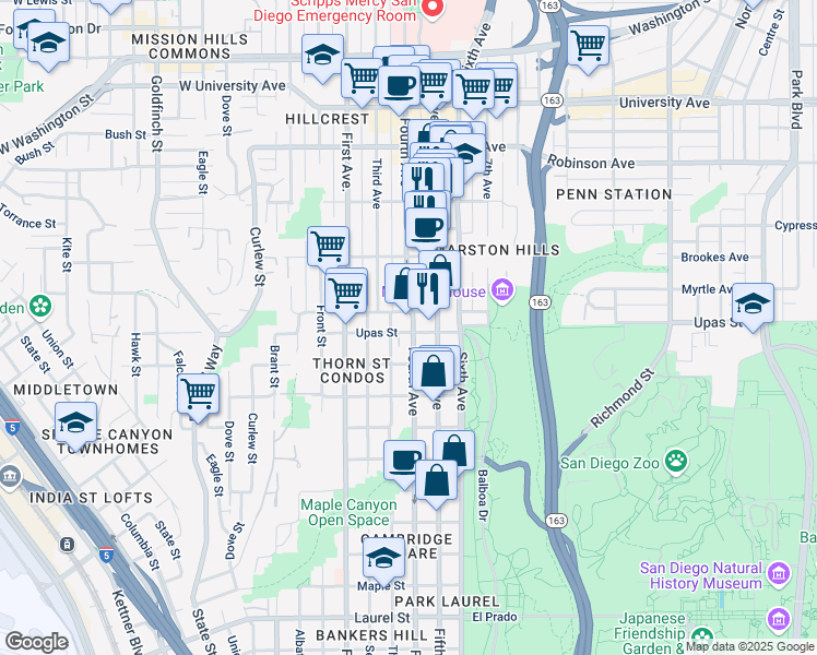 map of restaurants, bars, coffee shops, grocery stores, and more near 313 West Upas Street in San Diego