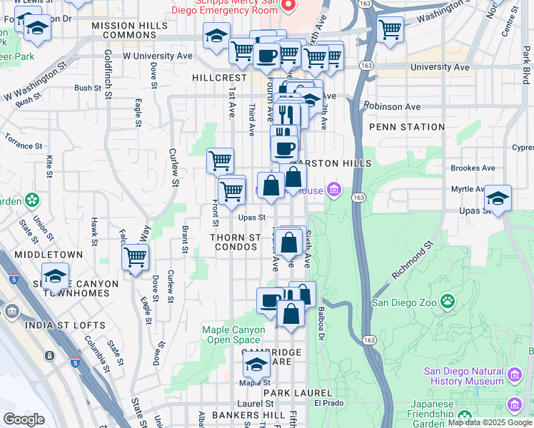 map of restaurants, bars, coffee shops, grocery stores, and more near 313 West Upas Street in San Diego