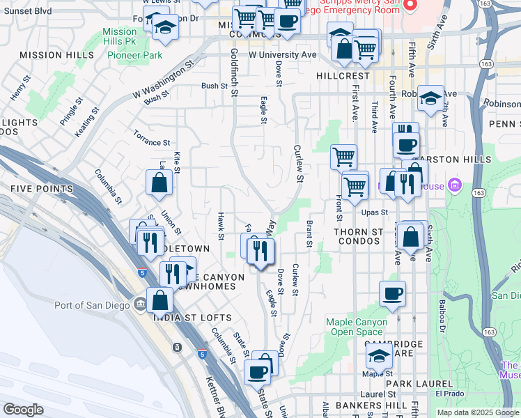 map of restaurants, bars, coffee shops, grocery stores, and more near 3350 Reynard Way in San Diego