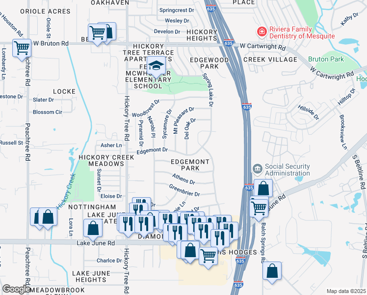 map of restaurants, bars, coffee shops, grocery stores, and more near 1312 Edgemont Drive in Mesquite