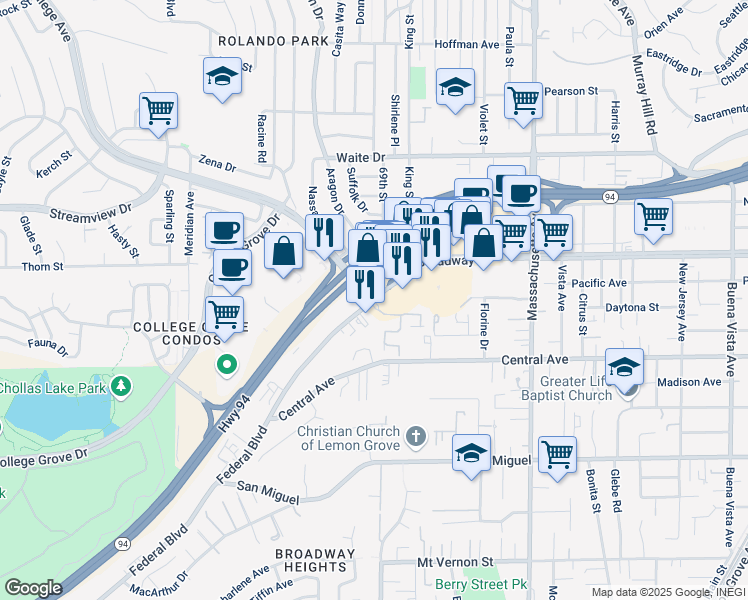 map of restaurants, bars, coffee shops, grocery stores, and more near Federal Blvd & College Pl in Lemon Grove