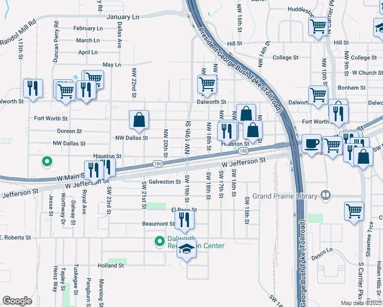 map of restaurants, bars, coffee shops, grocery stores, and more near 1830 West Main Street in Grand Prairie