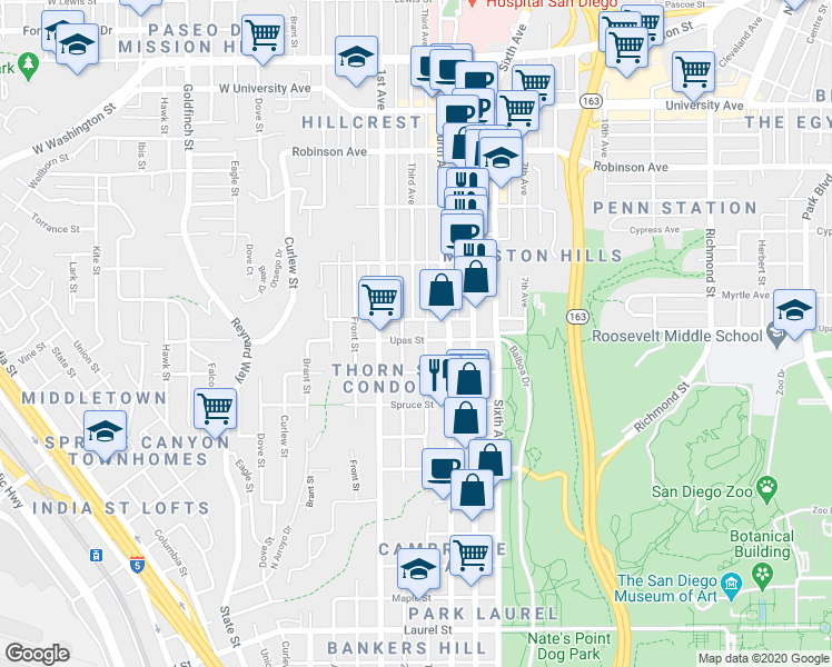 map of restaurants, bars, coffee shops, grocery stores, and more near 313 West Upas Street in San Diego
