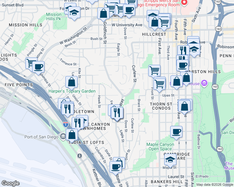 map of restaurants, bars, coffee shops, grocery stores, and more near 3350 Reynard Way in San Diego
