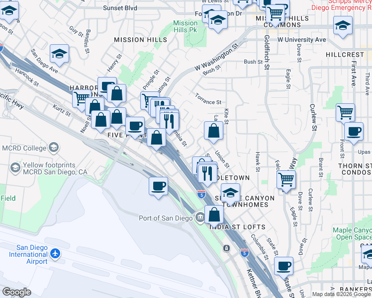 map of restaurants, bars, coffee shops, grocery stores, and more near 3585 India Street in San Diego