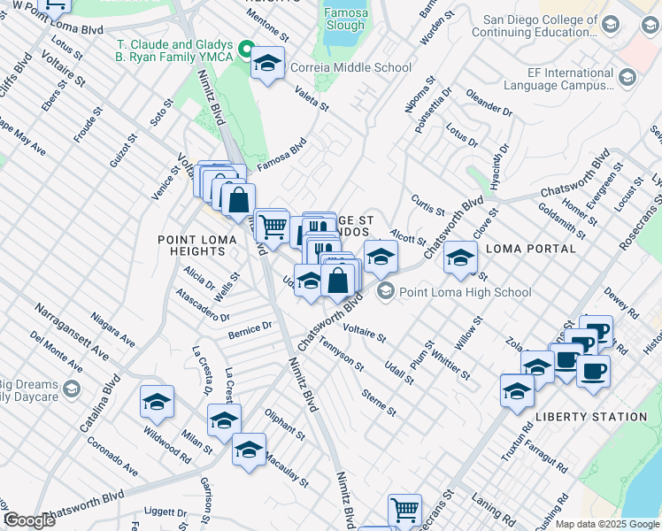 map of restaurants, bars, coffee shops, grocery stores, and more near 3710 Caminito Litoral in San Diego