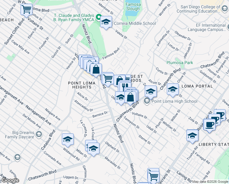 map of restaurants, bars, coffee shops, grocery stores, and more near 2150 Worden Street in San Diego