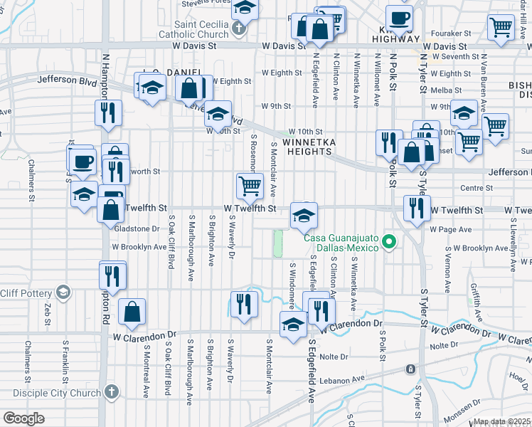 map of restaurants, bars, coffee shops, grocery stores, and more near 520 South Rosemont Avenue in Dallas