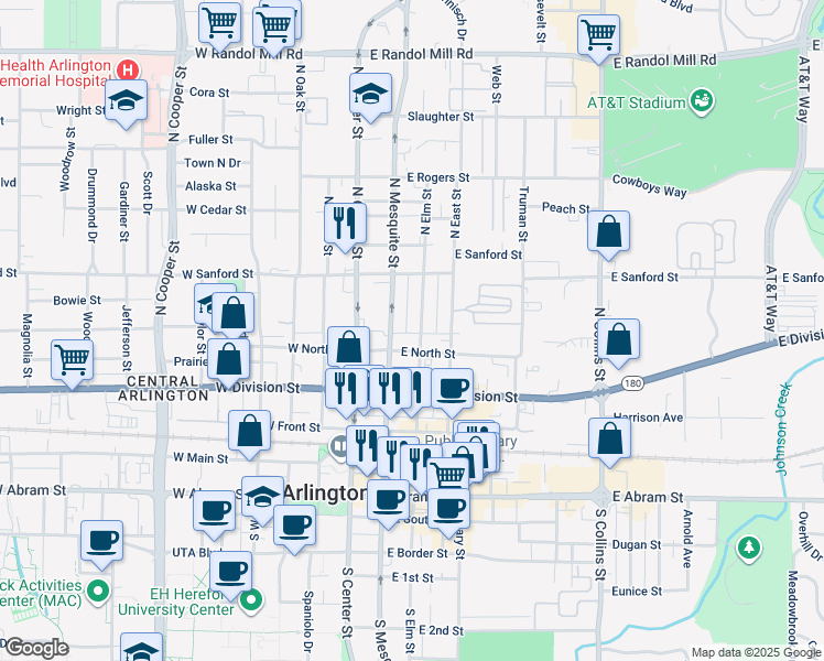 map of restaurants, bars, coffee shops, grocery stores, and more near 301 East North Street in Arlington