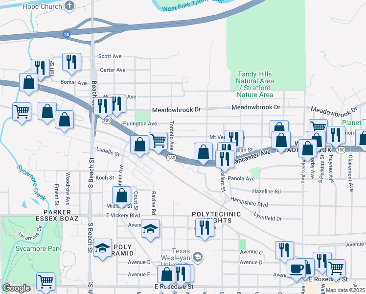 map of restaurants, bars, coffee shops, grocery stores, and more near 3025 East Lancaster Avenue in Fort Worth