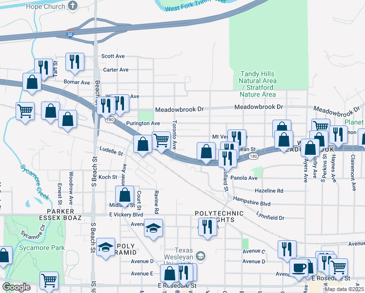 map of restaurants, bars, coffee shops, grocery stores, and more near in Fort Worth