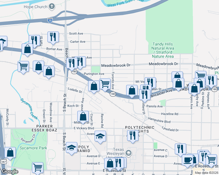 map of restaurants, bars, coffee shops, grocery stores, and more near in Fort Worth