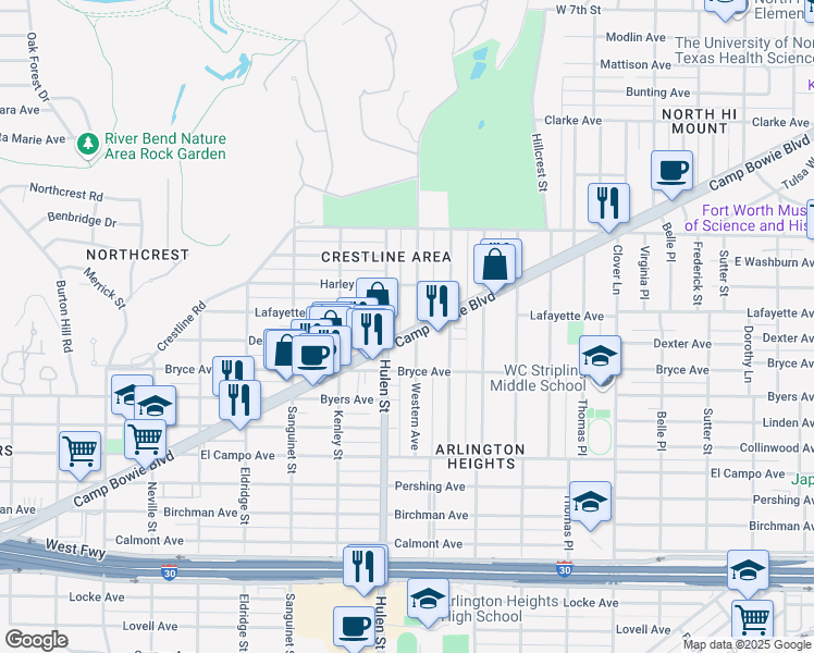 map of restaurants, bars, coffee shops, grocery stores, and more near 4601 Camp Bowie Boulevard in Fort Worth