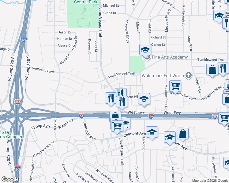 map of restaurants, bars, coffee shops, grocery stores, and more near 8530 Western Hills Boulevard in White Settlement