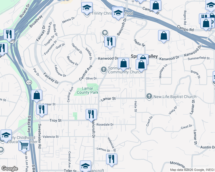 map of restaurants, bars, coffee shops, grocery stores, and more near 3173 Bancroft Drive in Spring Valley
