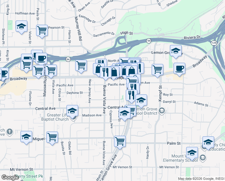 map of restaurants, bars, coffee shops, grocery stores, and more near 3280 Olive Street in Lemon Grove