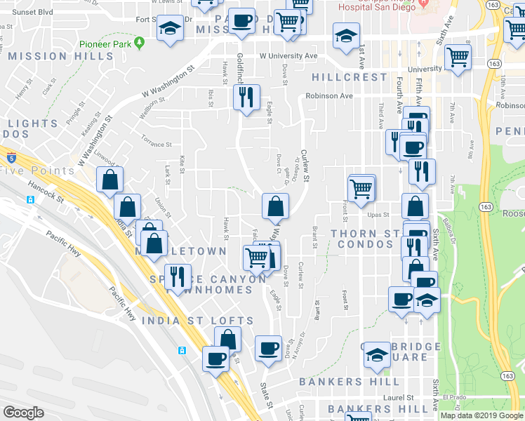 map of restaurants, bars, coffee shops, grocery stores, and more near 730 West Upas Street in San Diego