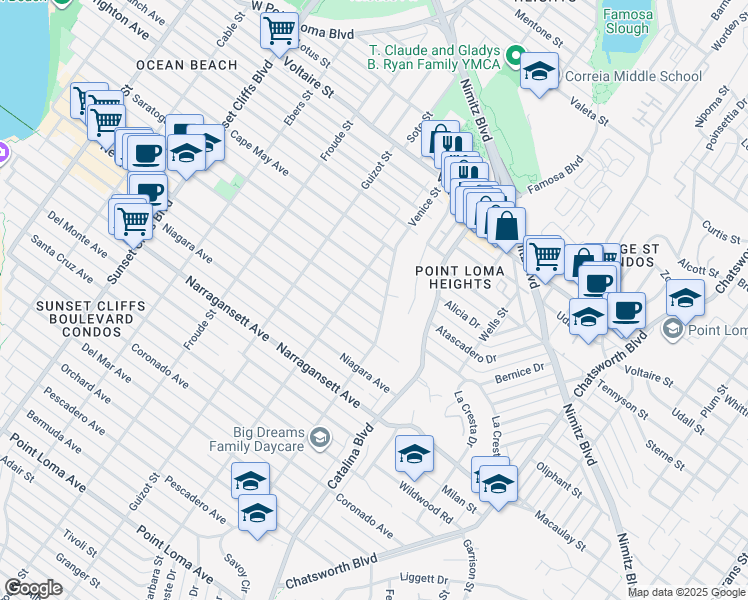 map of restaurants, bars, coffee shops, grocery stores, and more near 4338 Santa Monica Avenue in San Diego