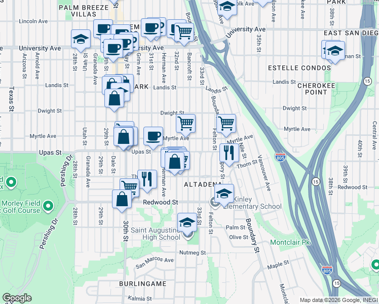 map of restaurants, bars, coffee shops, grocery stores, and more near Bancroft Street & Upas Street in San Diego