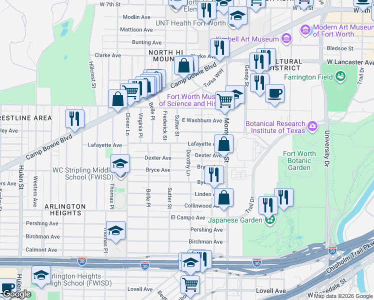 map of restaurants, bars, coffee shops, grocery stores, and more near 1900 Dorothy Ln in Fort Worth