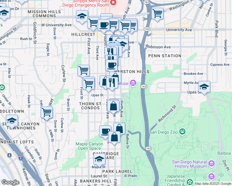 map of restaurants, bars, coffee shops, grocery stores, and more near 702 Upas Street in San Diego