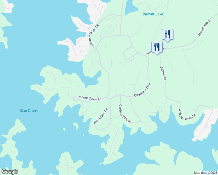 map of restaurants, bars, coffee shops, grocery stores, and more near Lakeview Ridge Circle in Tallapoosa County